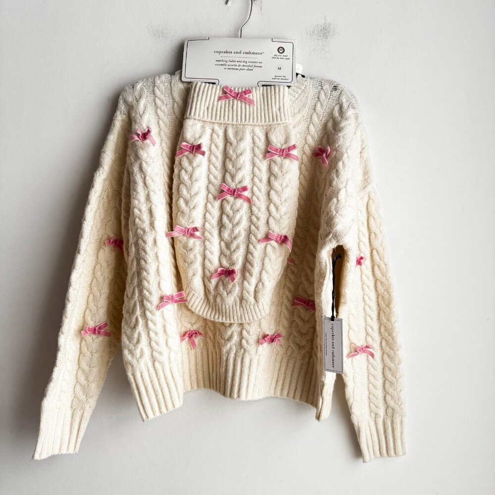 Cupcakes and CAshmere Ivory Pink Bow Sweater + Matching Dog Sweater Set M - Picture 2 of 5